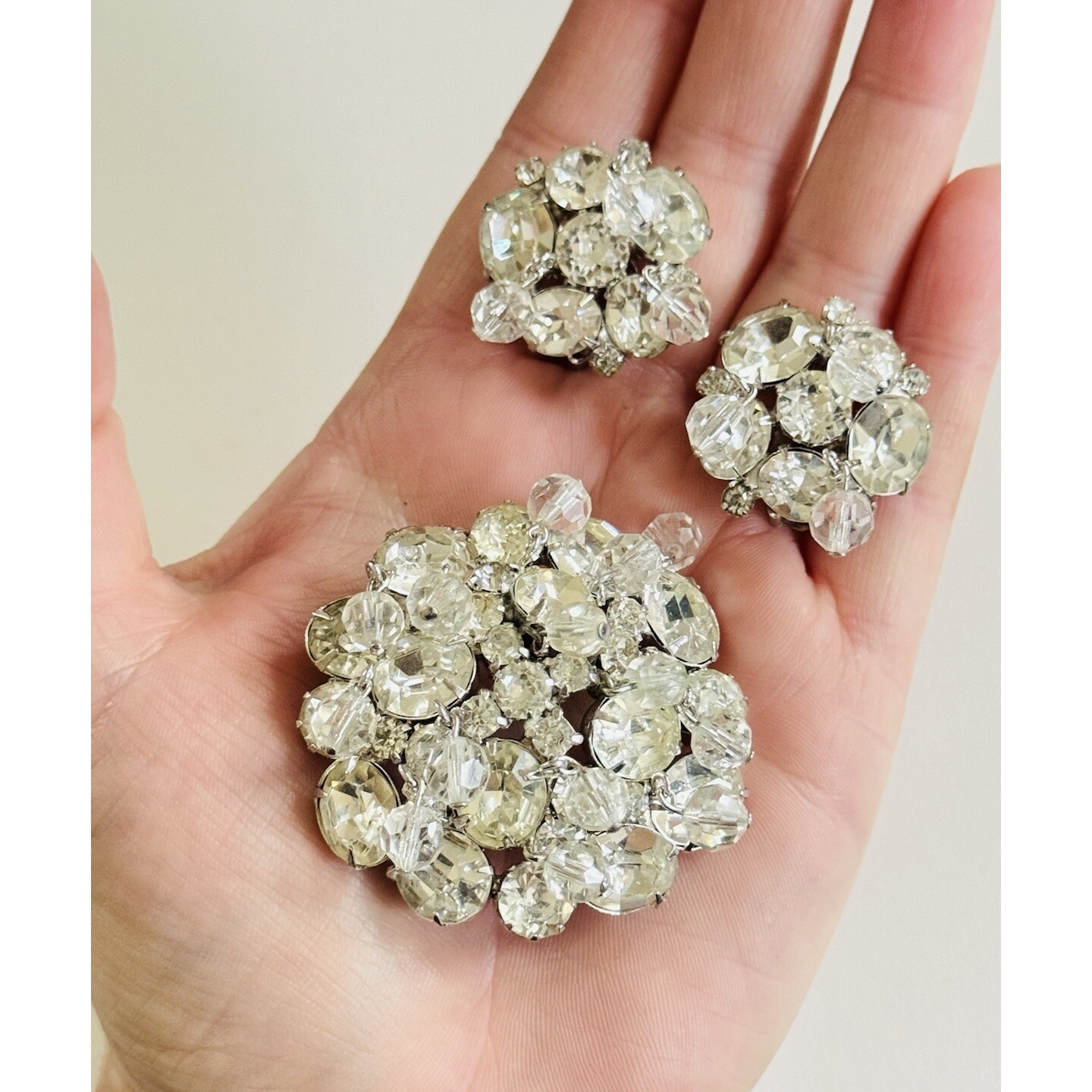 Vtg Kramer Signed Pin Brooch Clip Earrings Matching Set Crystal Rhinestone Rare 85$